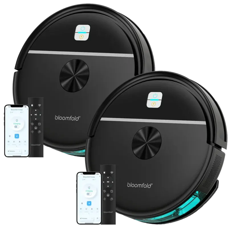 Twee zwarte Bloomfold Sweep robotstofzuigers met bijbehorende afstandsbedieningen en smartphones met app-besturing.