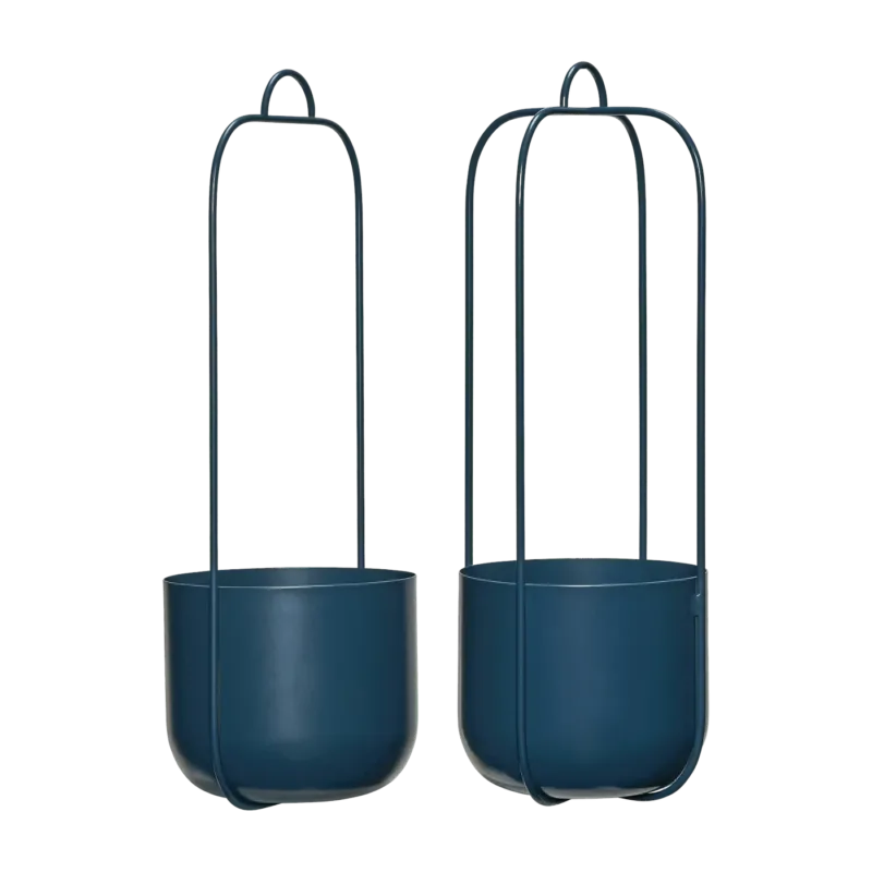 2 Pots suspendus ronds en fer bleu pétrole 16x44 cm Lotus - Hübsch - The Cool Republic