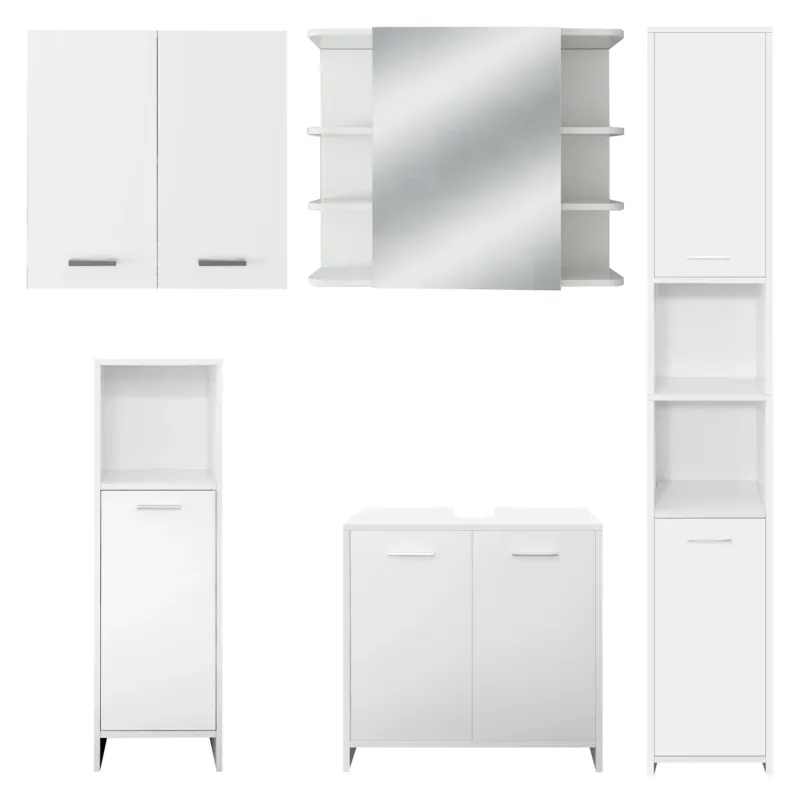 Ein weißer Schrank mit Spiegel, Regalen und einer Schublade.