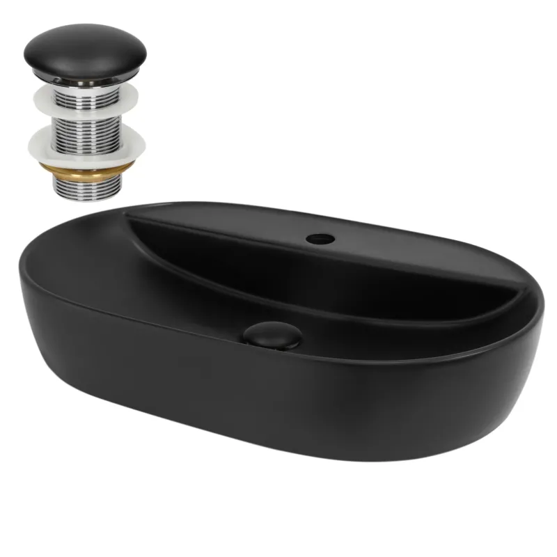 Schwarzes Waschbecken mit Abfluss und Überlauf, ovale Form.