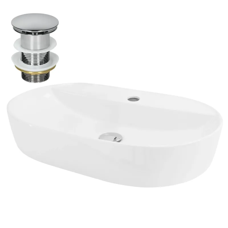 Weißes Waschbecken mit Abfluss, ovale Form und mittiger Vertiefung.