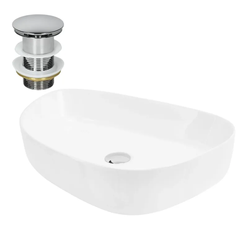 Weißes Waschbecken mit Abfluss und Überlauf, ovaler Form.