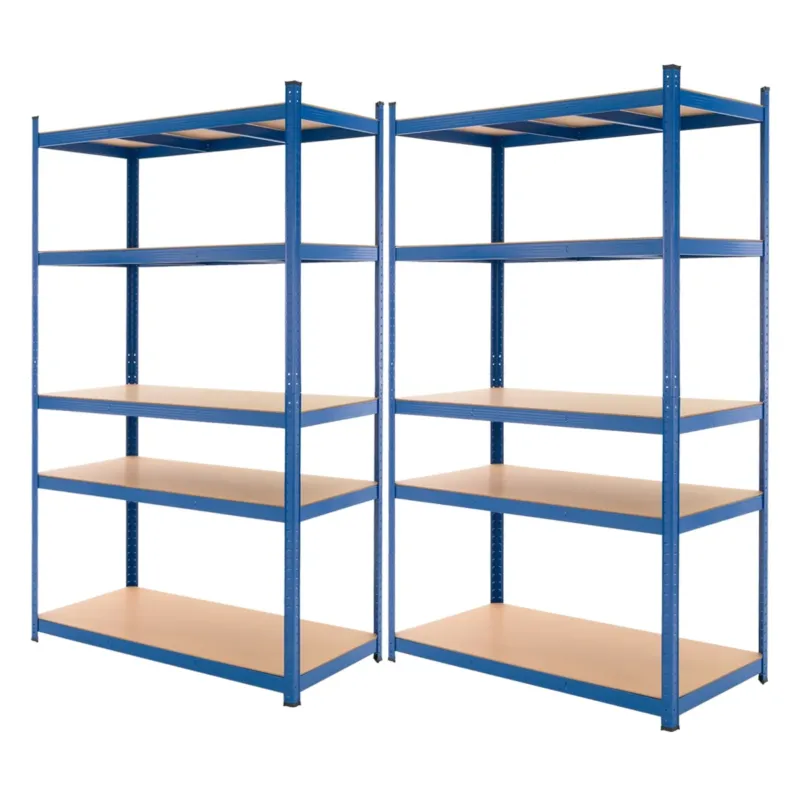 Zwei blaue Regale mit mehreren Ablagen.