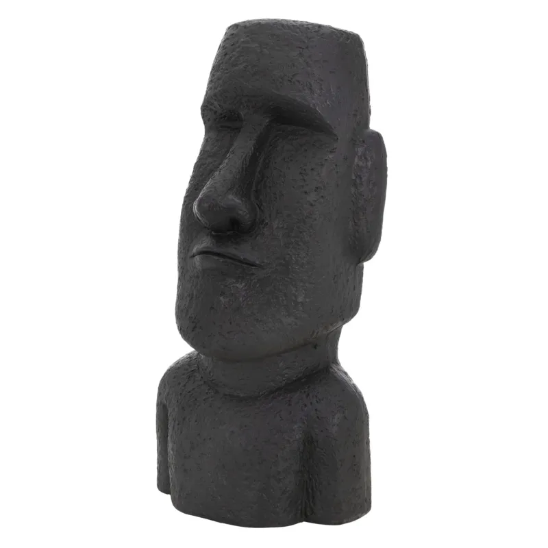 Schwarze Moai Statue mit detaillierter Oberfläche und neutralem Hintergrund.