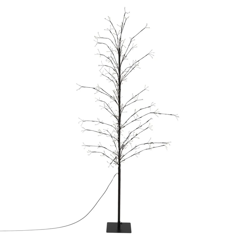 Schlanker, beleuchteter Baum mit dünnen Ästen auf schwarzem Sockel.