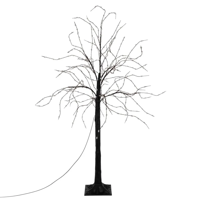 Dünner, beleuchteter Baum ohne Blätter auf einem Sockel.