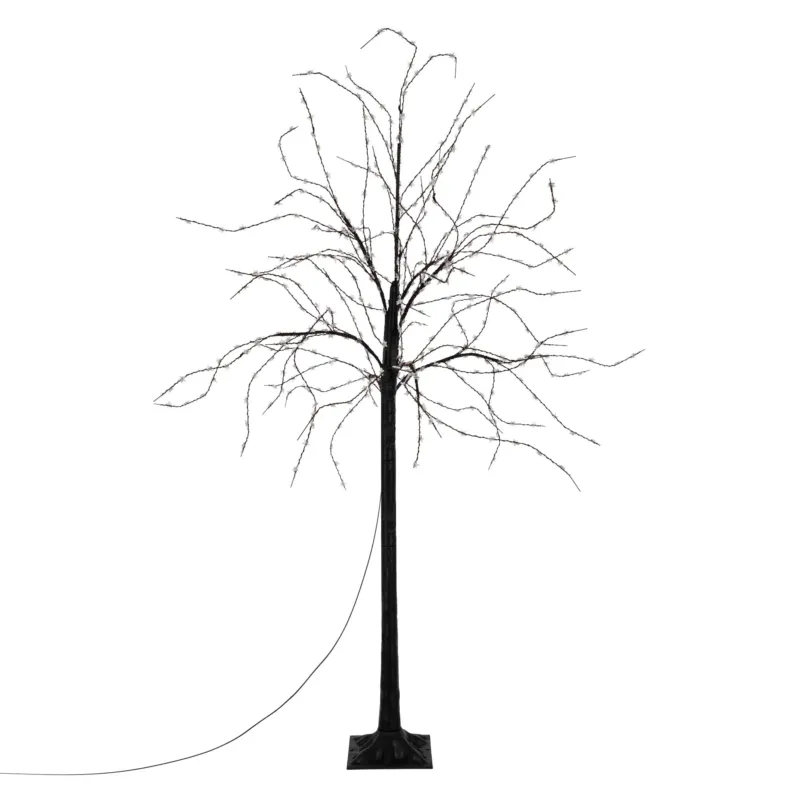 Dünner, unbeleuchteter Baum ohne Blätter, mit Kabel, vor weißem Hintergrund.