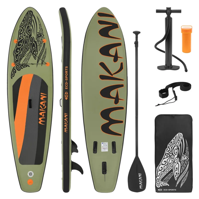 Olivenfarbenes Paddle-Board mit Zubehör wie Pumpe und Leash.