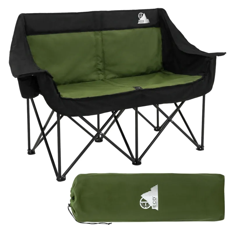 Zweisitzer Campingstuhl, zusammengeklappt und ausgeklappt.