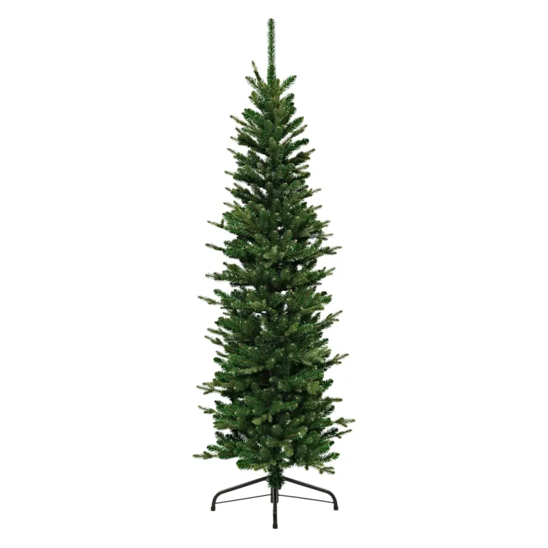 Stehender künstlicher Weihnachtsbaum auf einem Ständer.