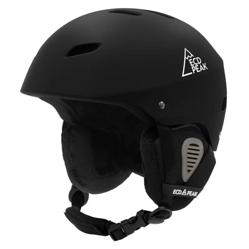 Schwarzer Skihelm von der Seite, mit Logo und gepolstertem Innenfutter.