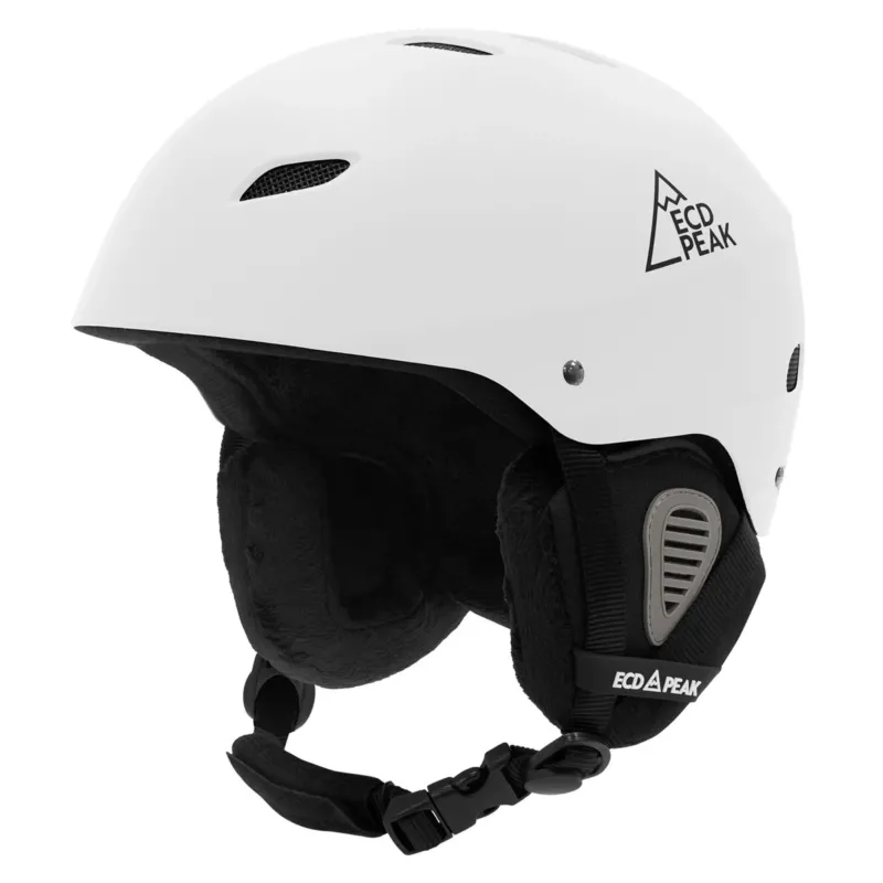 Weißer Skihelm mit schwarzem Innenfutter, seitliche Ansicht.