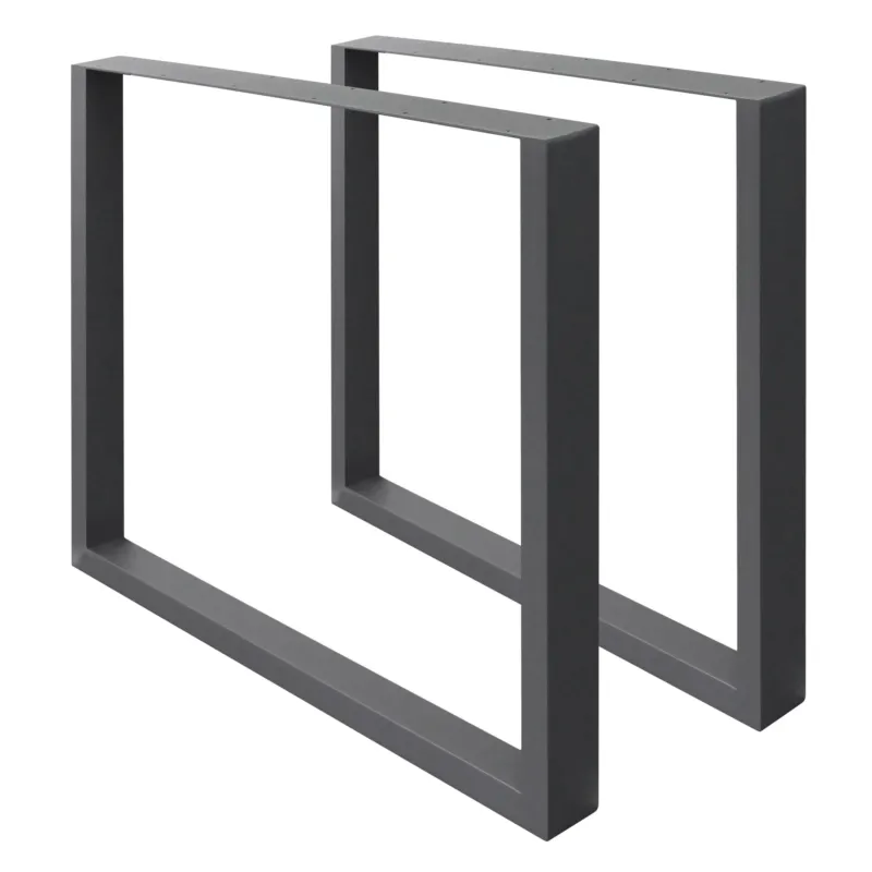 Zwei schwarze Tischgestelle aus Metall ohne Tischplatte.