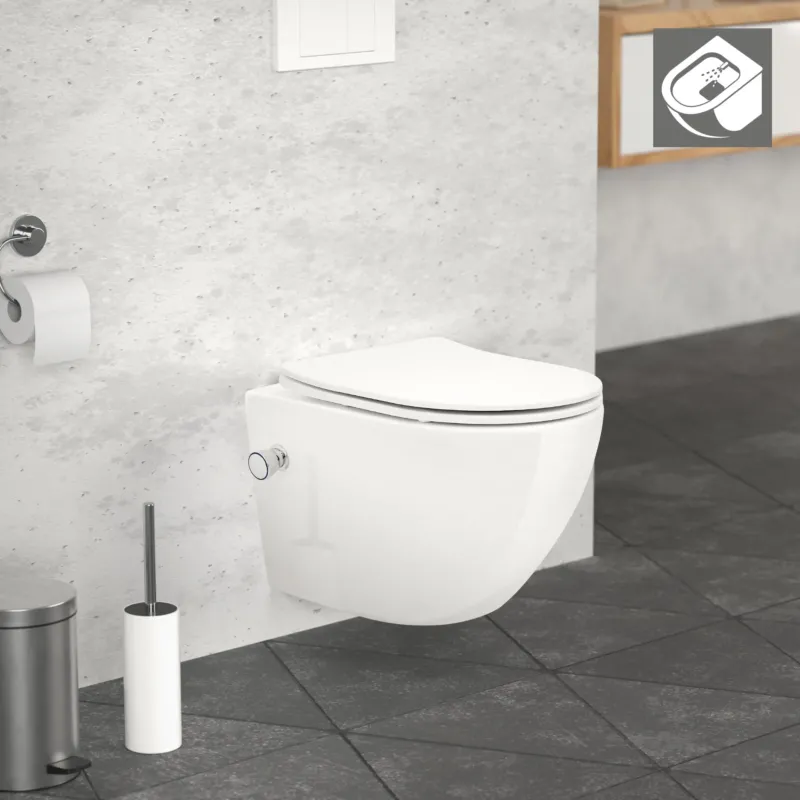 Wandtoilette in einem modernen Badezimmer mit grauen Fliesen.