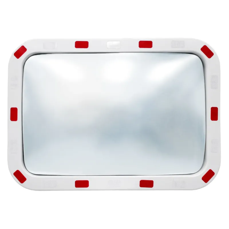Reflektierender Verkehrsspiegel mit rotem Rand, rechteckig, auf weißem Hintergrund.