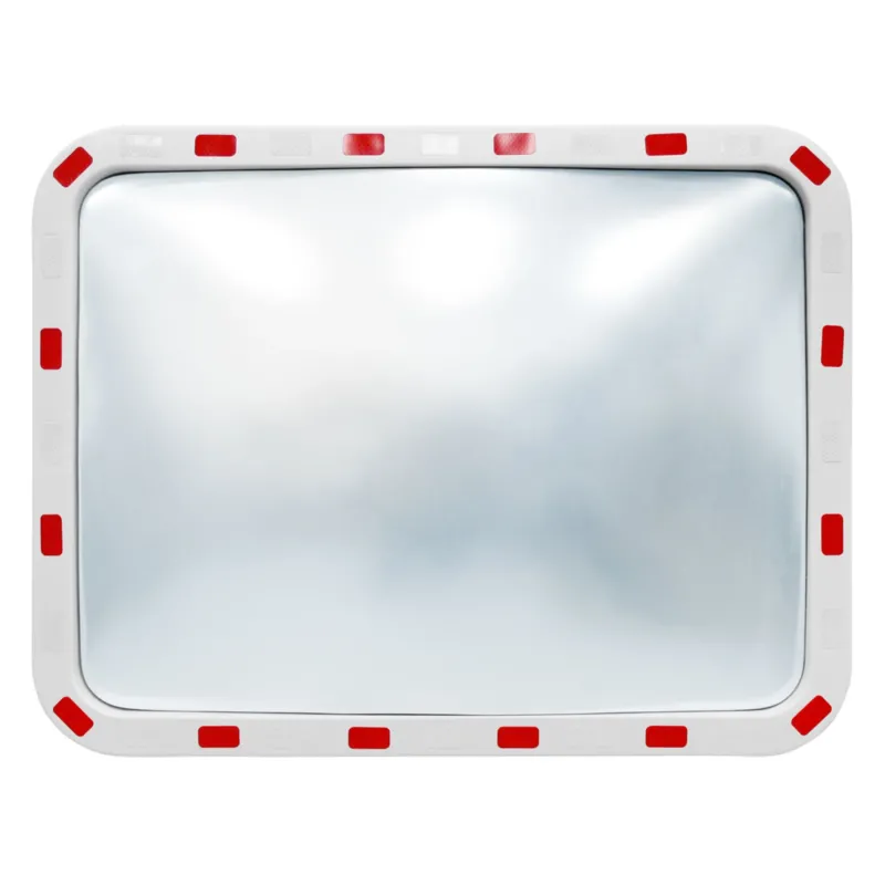 Reflektierender Verkehrsspiegel mit rotem Rand, rechteckig, auf weißem Hintergrund.