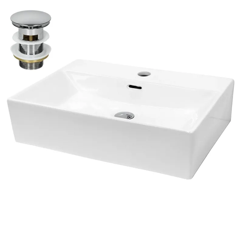 Weißes Waschbecken mit Abfluss und Wasserhahn, rechteckige Form.