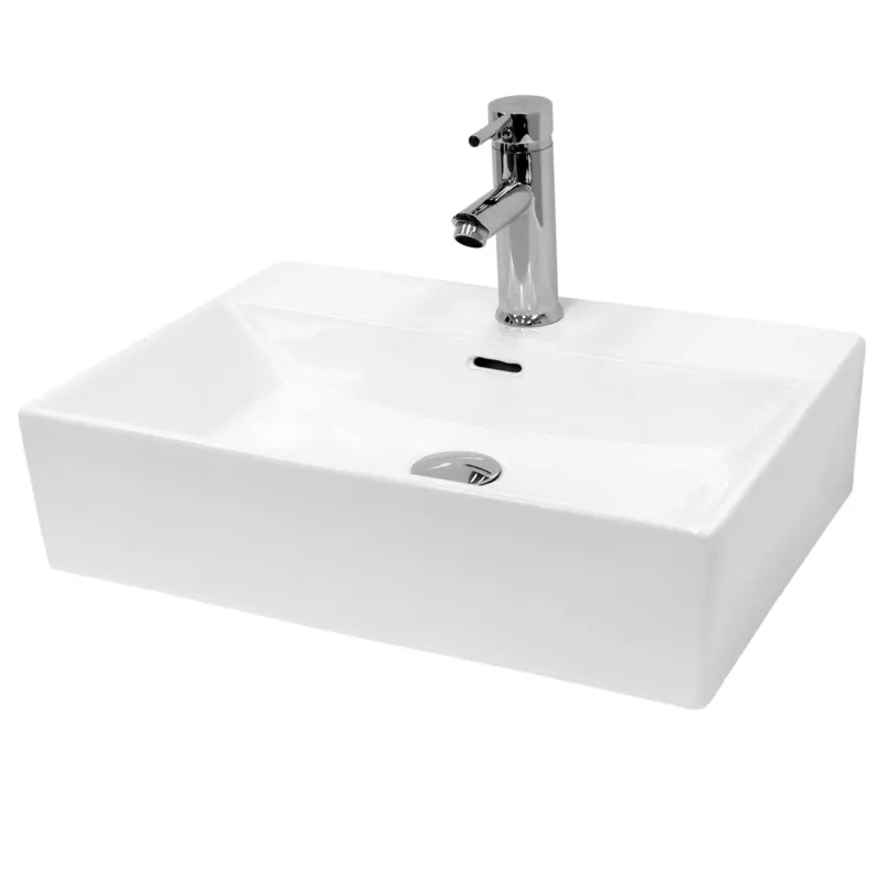 Rechteckiges, weißes Waschbecken mit Wasserhahn.