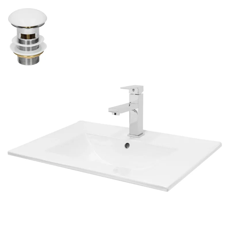 Waschtisch mit modernem Wasserhahn und Abfluss.