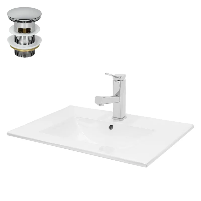 Ein moderner Waschbeckenarmatur in glänzendem Chrom auf einem weißen Waschbecken.