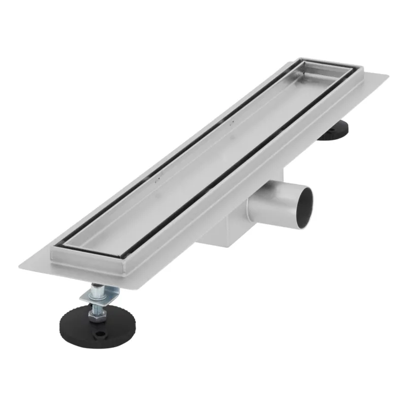 Langer, flacher Duschablauf aus Metall mit Gummifüßen.