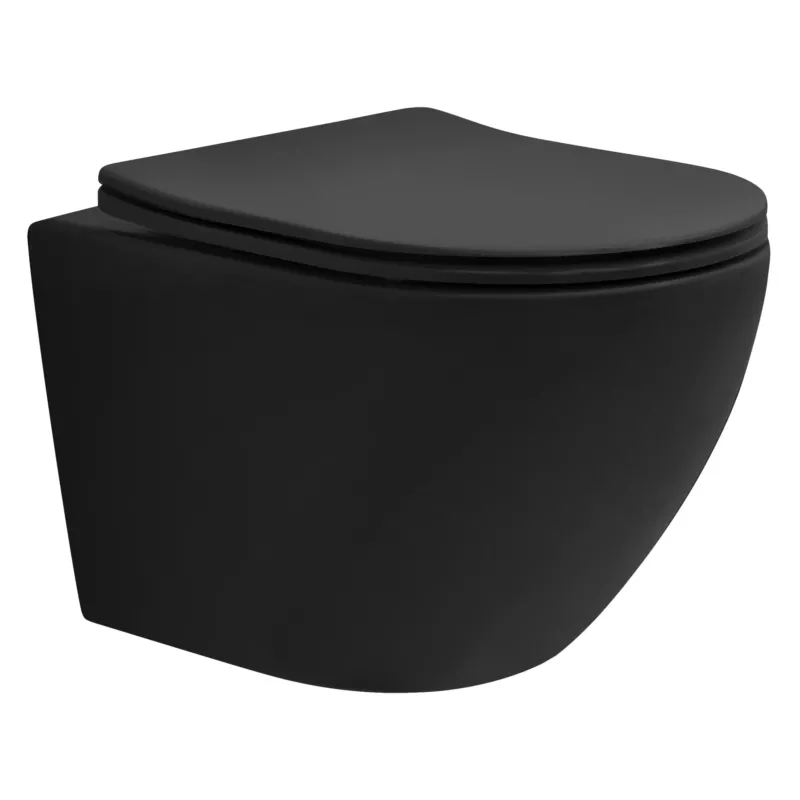 Wandtoilette in schwarz vor hellem Hintergrund.