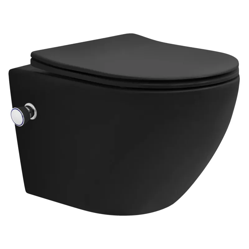 Schwarze Wandtoilette mit modernem Design und seitlichem Spülknopf.