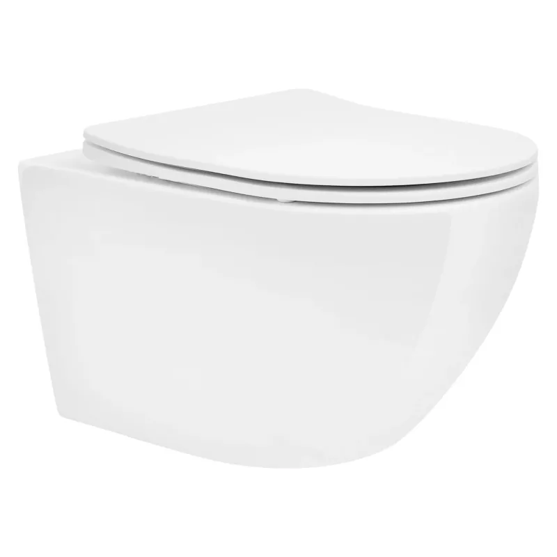 Weiße wandhängende Toilette auf hellem Hintergrund.