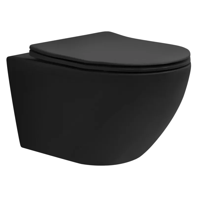 Schwarze wandhängende Toilette ohne Spülrand.