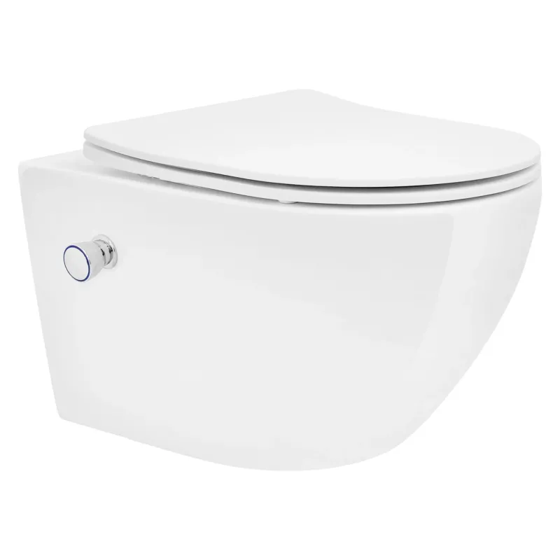 Weiße Toilette mit seitlichem Wasseranschluss.