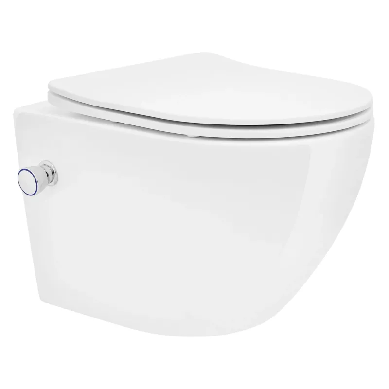 Weißes Wand-WC mit abgerundeter Form und seitlichem Betätigungsknopf.