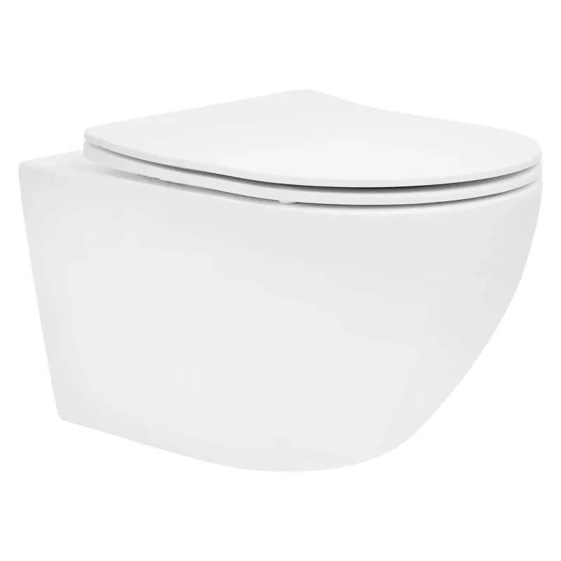 Weißes wandhängendes WC in einem modernen Badezimmer mit grauen Wänden.