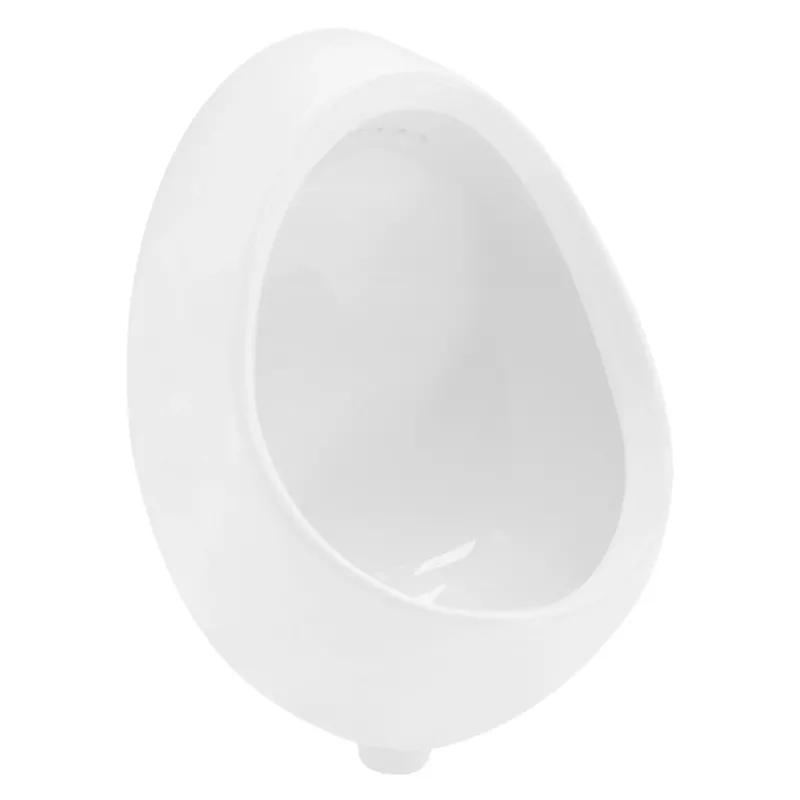 Weißes Urinal in tropfenförmiger Form auf weißem Hintergrund.