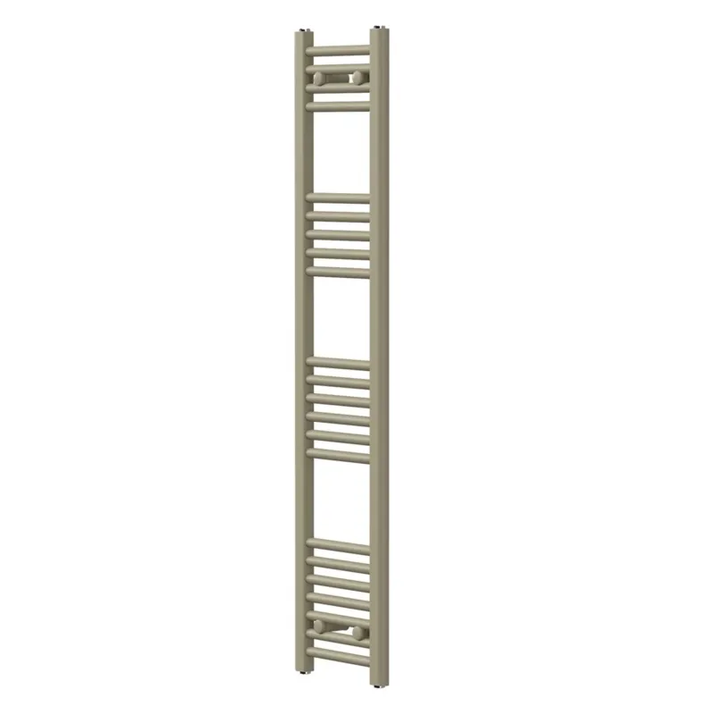 Ein vertikaler Handtuchwärmer in beige mit mehreren horizontalen Stangen.
