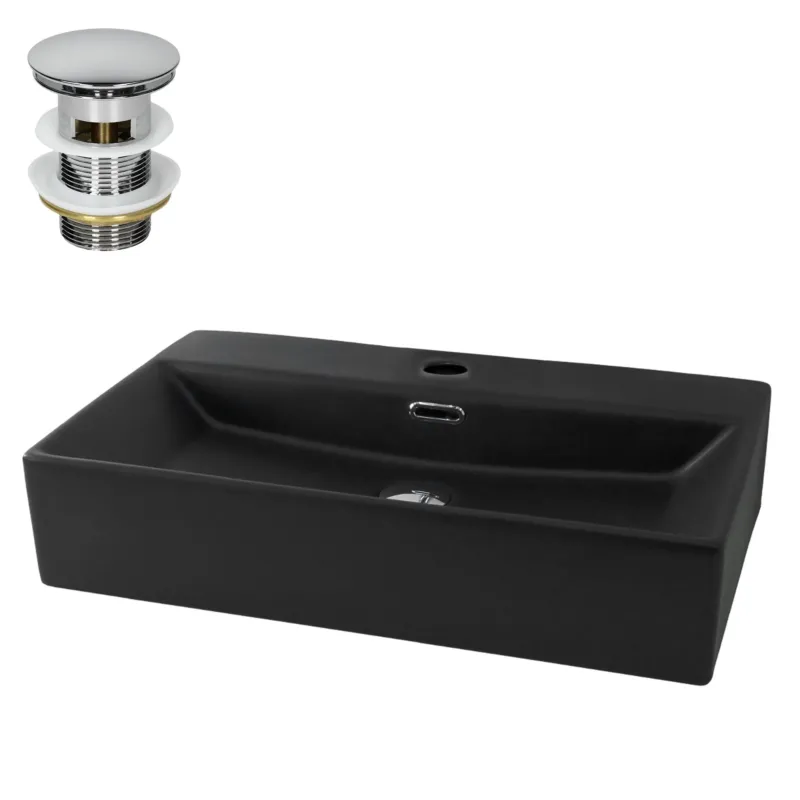 Schwarzes Waschbecken mit Ablauf und Überlauf.
