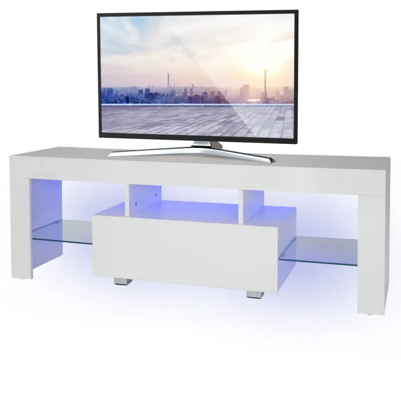 Weißer TV-Schrank mit einem Fernseher und Glasregalen.