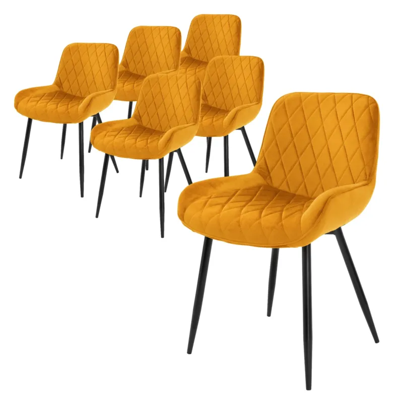 Sechs orangefarbene Stühle mit Rautenmuster auf schwarzen Beinen.