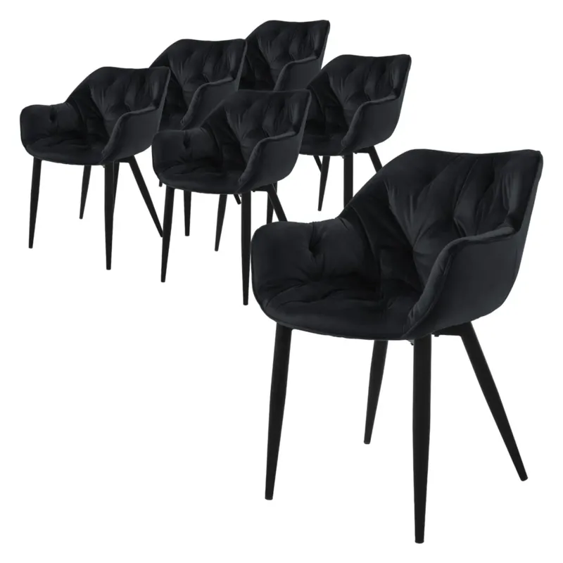 Fünf schwarze Stühle mit gepolsterten Sitzen und schwarzen Beinen.