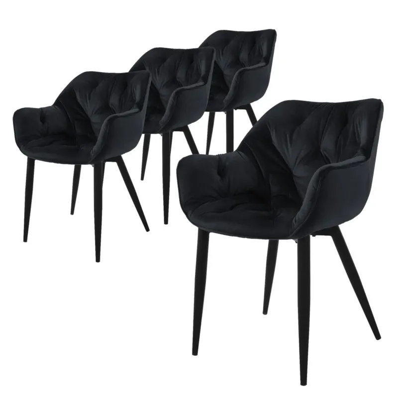 Vier schwarze Stühle mit gepolsterter Sitzfläche stehen in einer Reihe.