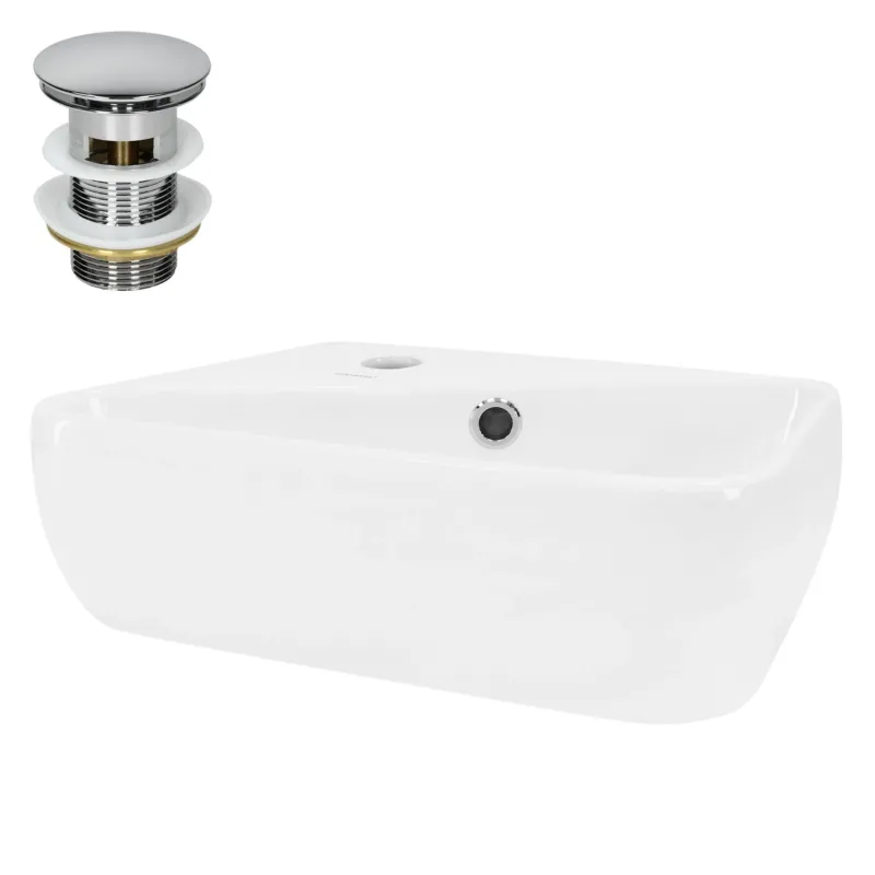 Weißes Waschbecken mit verchromtem Ablauf und seitlichem Wasserhahn.