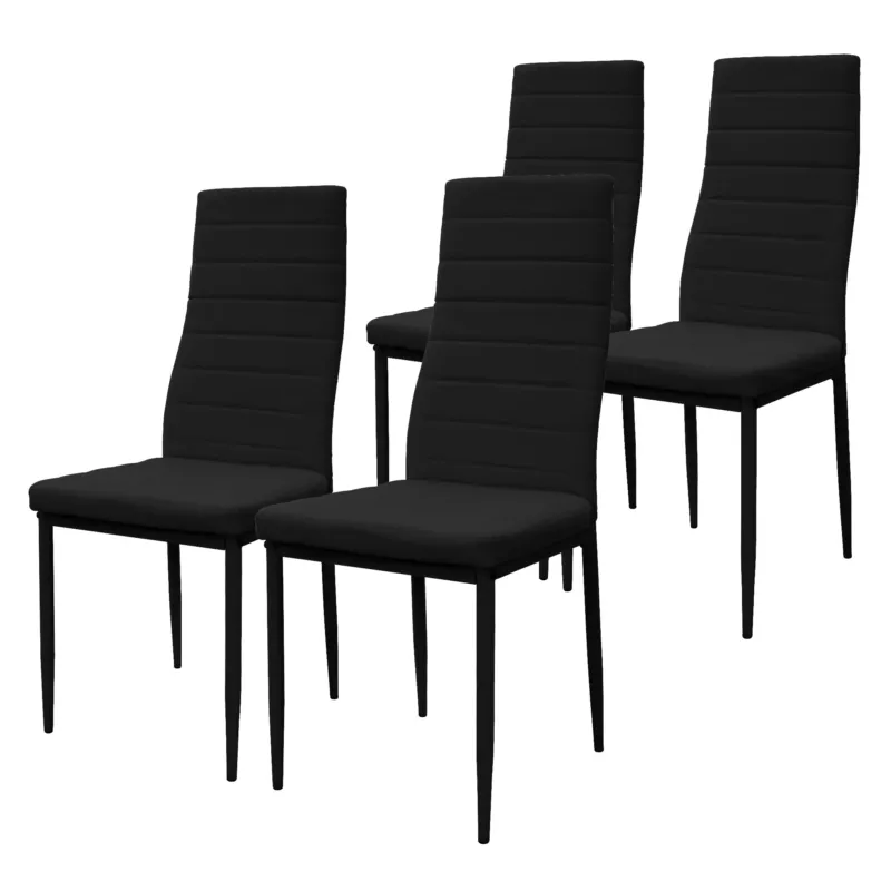Vier schwarze Stühle mit hohen Rückenlehnen auf einem weißen Hintergrund.