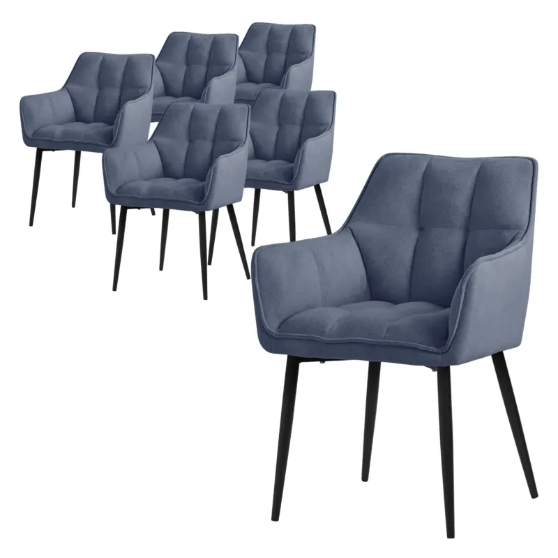 Sechs blaue Stühle mit gepolsterten Sitzen und hohen Beinen.