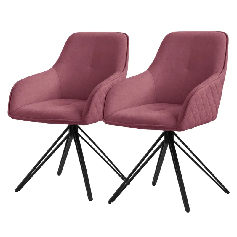 Zwei gepolsterte Stühle in Rosa mit schwarzem Gestell.