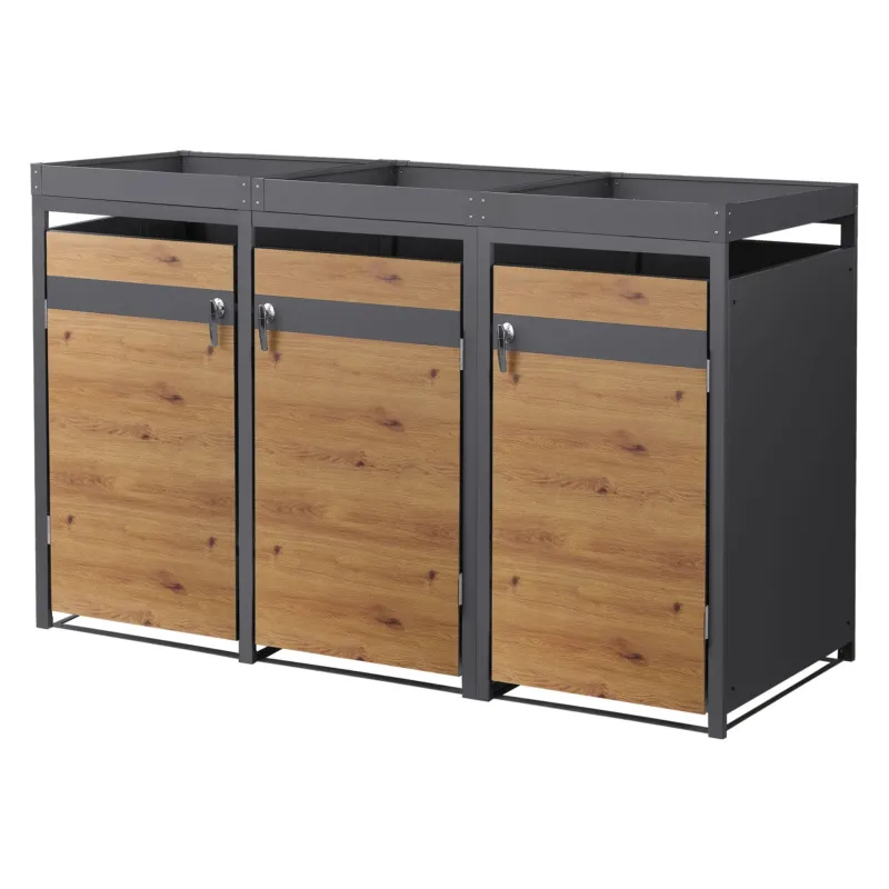 Mülltonnenbox mit drei Fächern und Holzoptik-Türen.