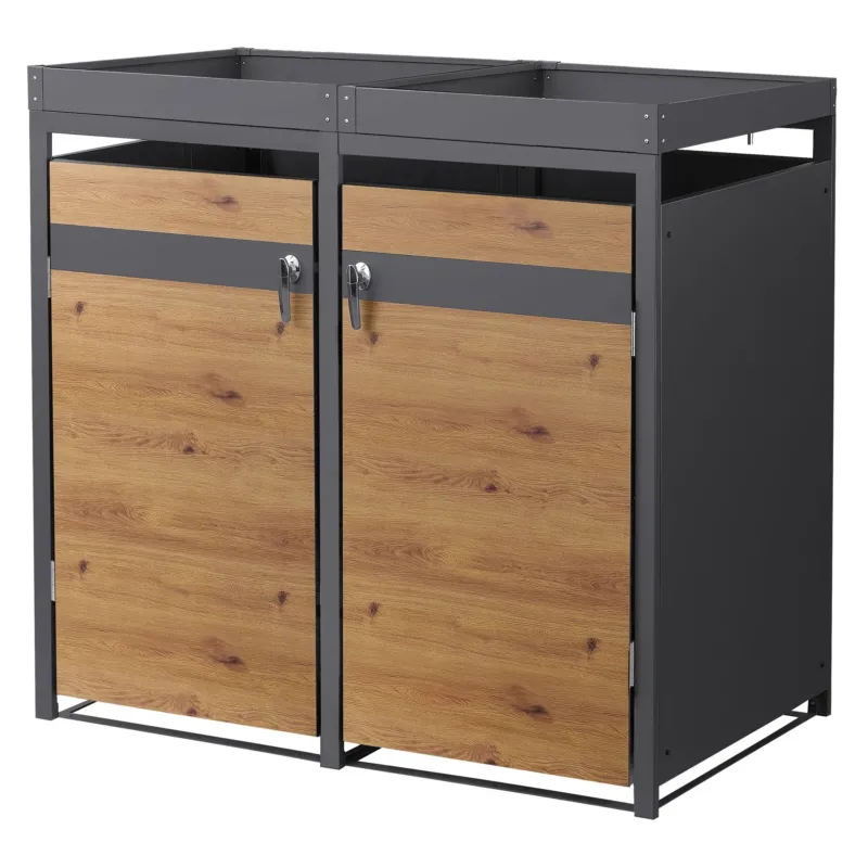 Mülltonnenbox mit zwei Fächern und Holzoptik.
