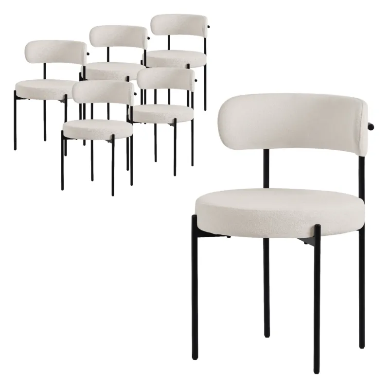 Mehrere Stühle mit runder Sitzfläche und Rückenlehne in beige, schwarzes Gestell.