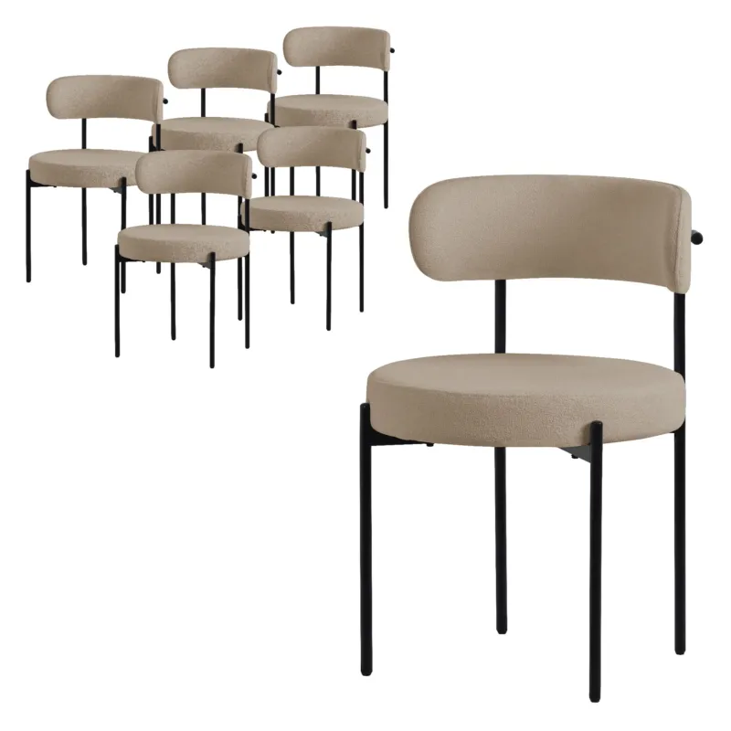 Sieben beige Stühle mit schwarzem Gestell auf hellem Hintergrund.