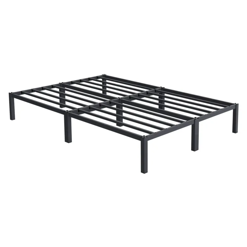 Schwarzes Metallgestell für ein Bett, ohne Matratze.