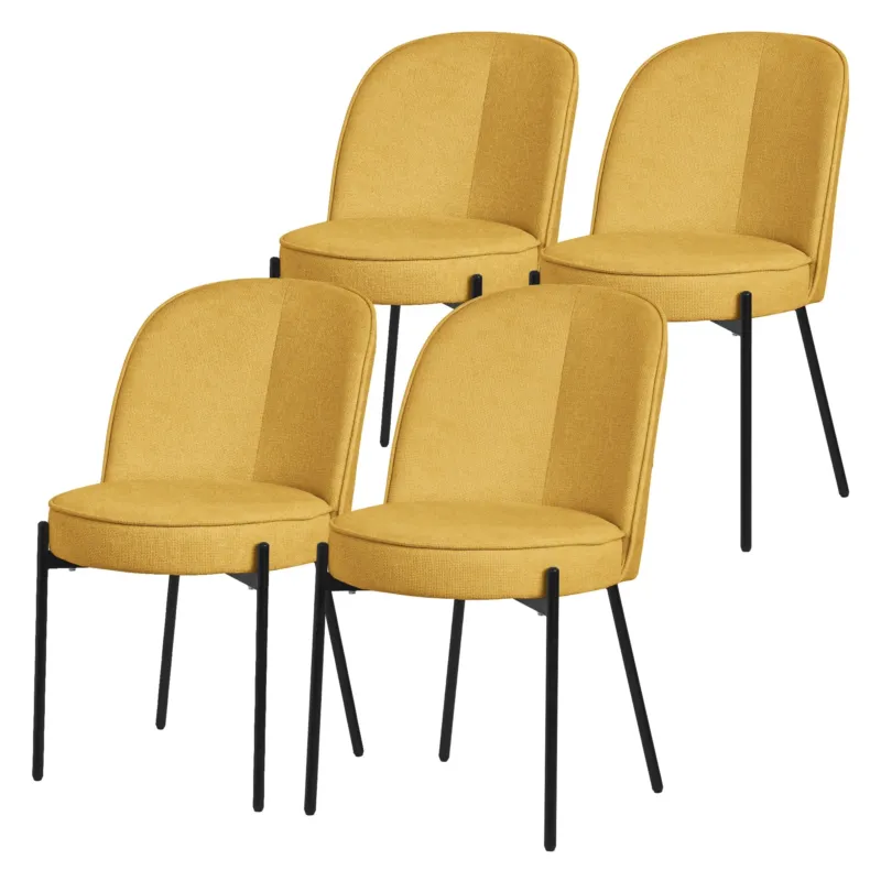 Vier gelbe Stühle mit schwarzen Beinen in einer Reihe.