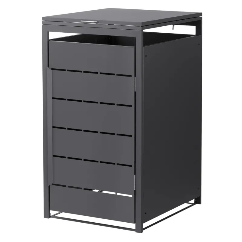 Hohe Mülltonnenbox aus Metall mit horizontalen Schlitzen.